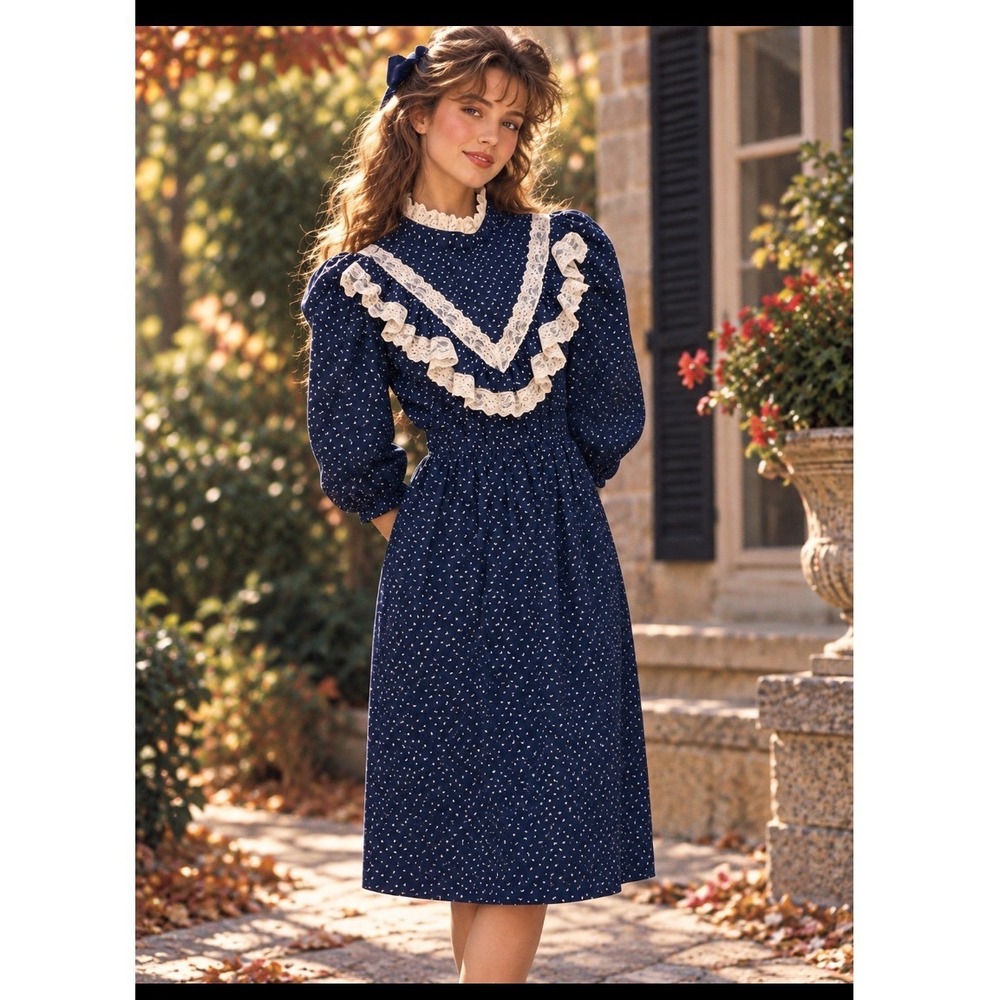 VTG Navy Blue Lace Trim Prairie Midi Dress Cottagecore Bird Print Sz XS
